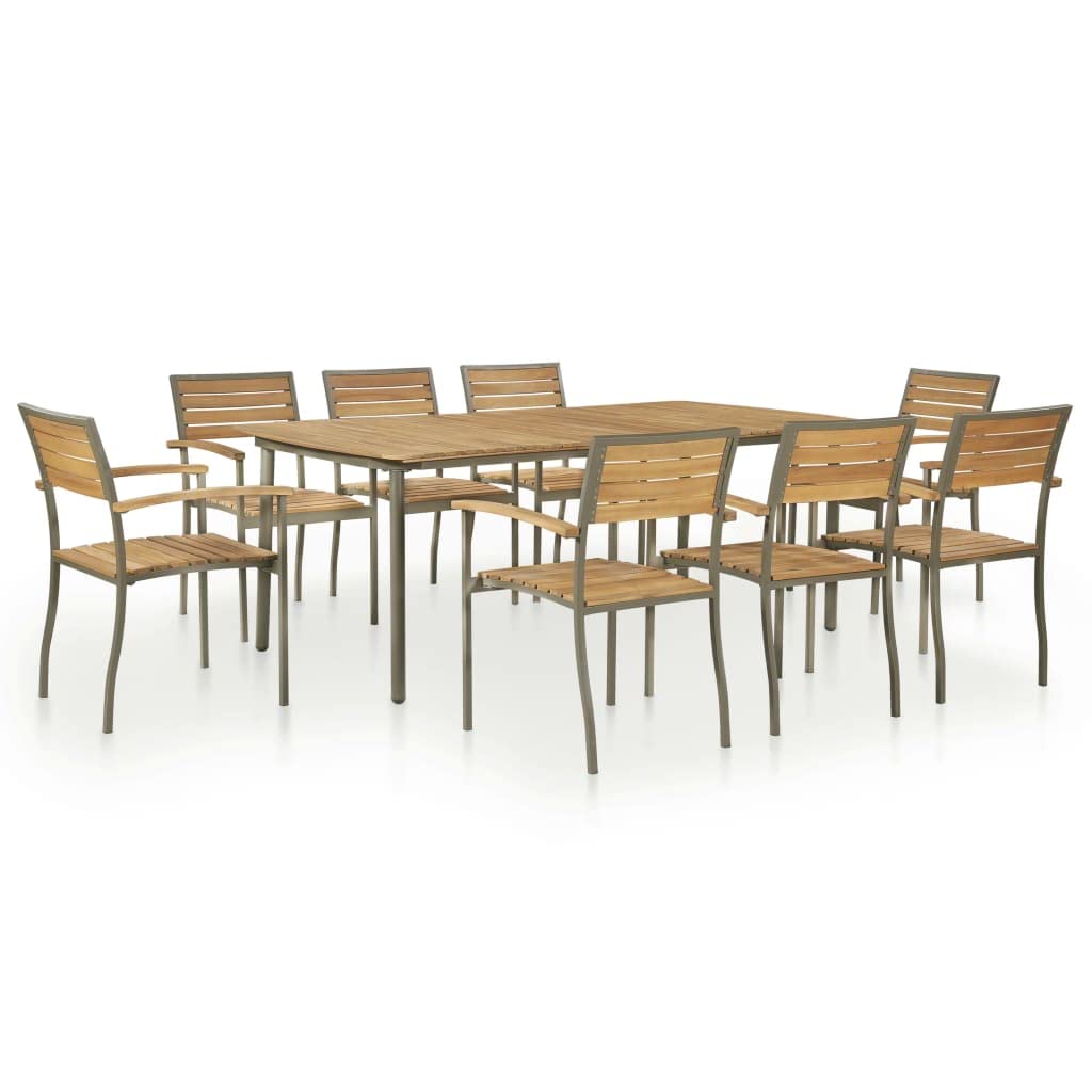 9 Piece Natural Wood and Grey Steel Outdoor Dining Set Y224696
