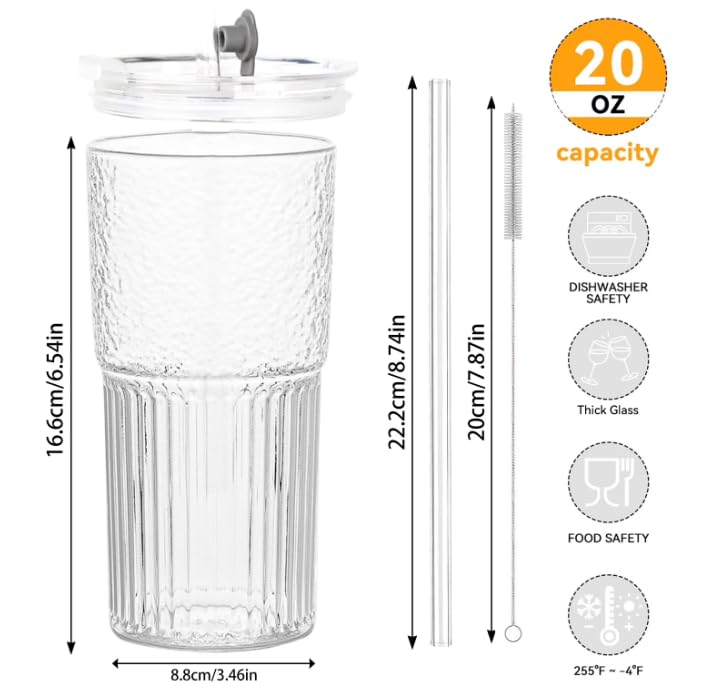 20 oz Glass Tumbler with Lid and Straw Q83863