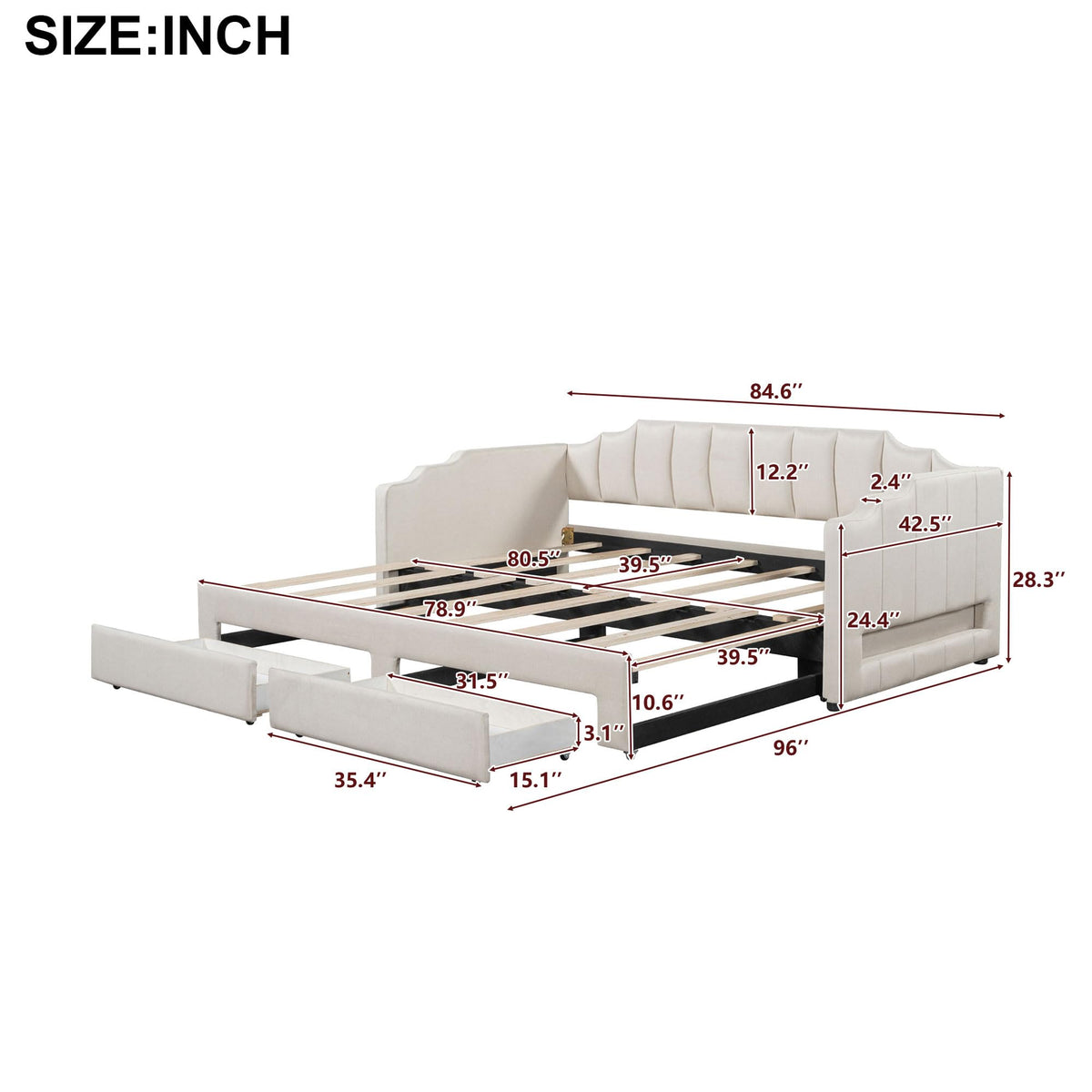 Twin XL to King Extendable Upholstered Daybed Frame with 2 Storage Drawers P8859