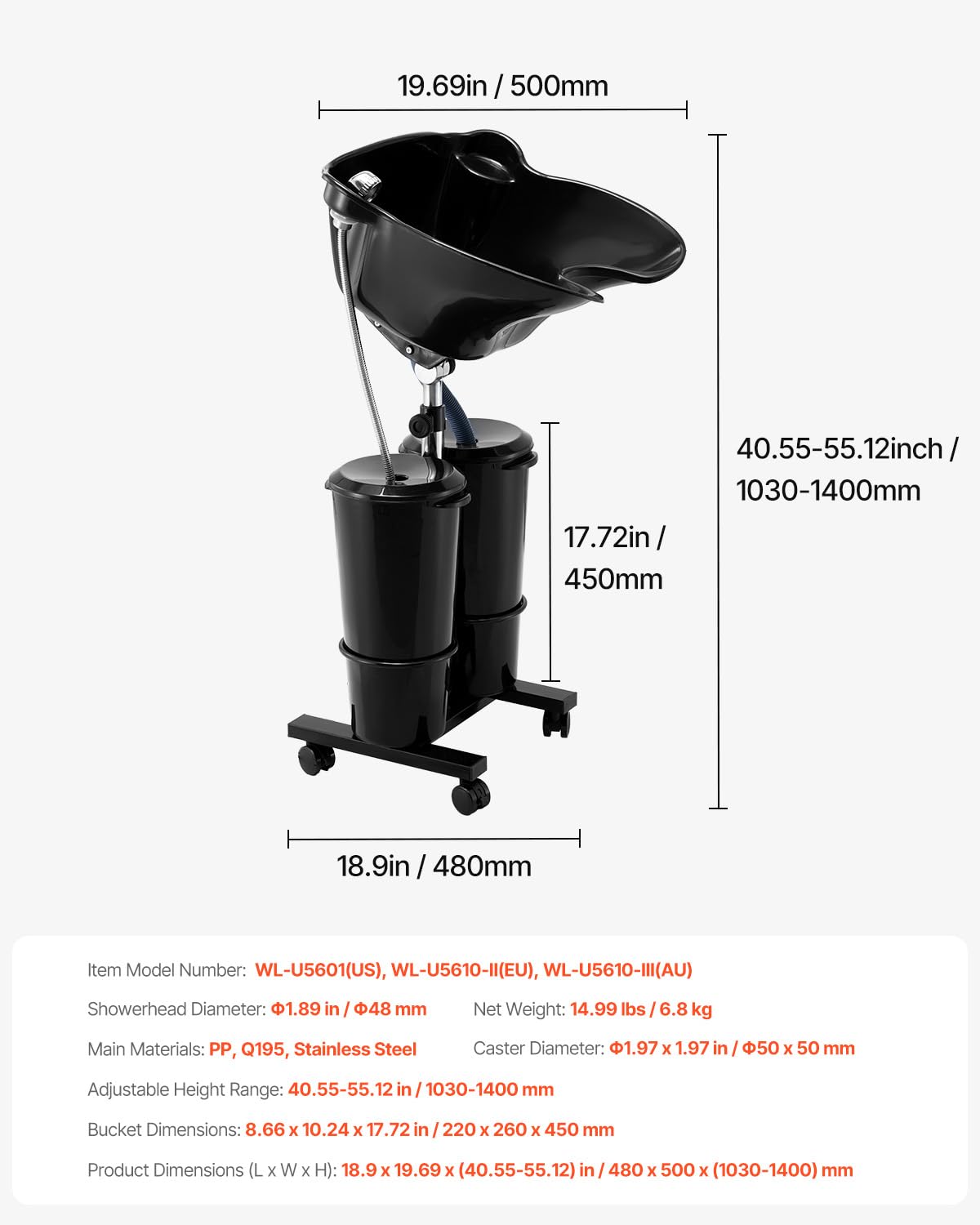 Portable Shampoo Bowl with Electric Pump, 2 Buckets, Black V8020