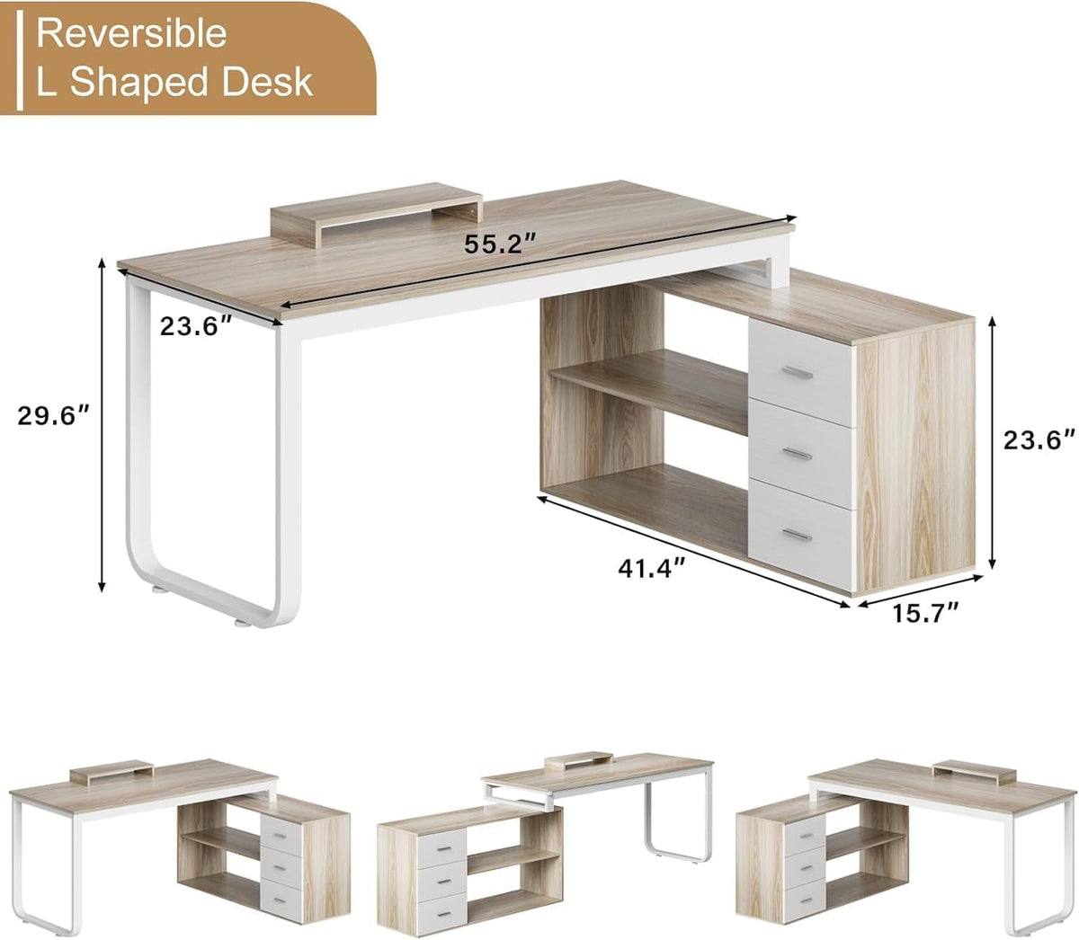 55" L Shaped Office Desk with Drawers, White and Walnut Z924