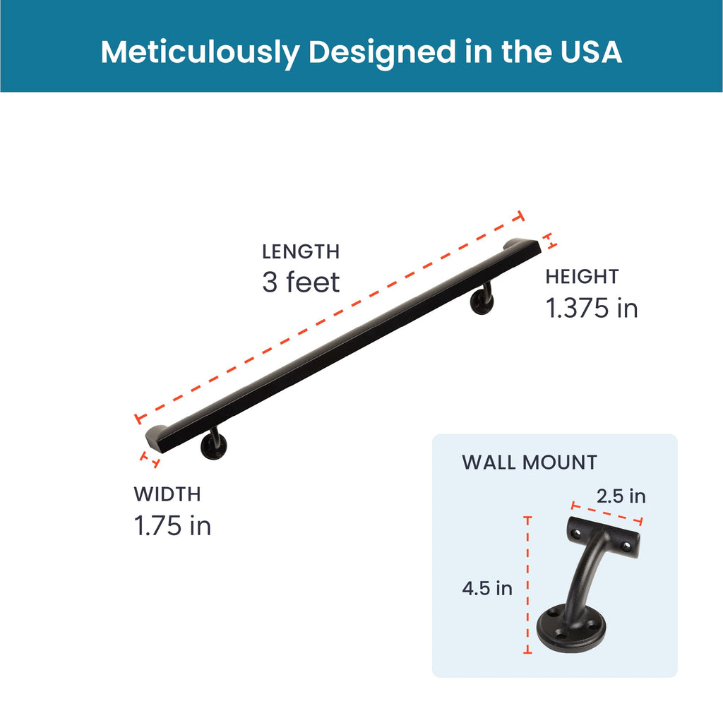 Aluminum Handrail Kit with Wall Mount Brackets, Black Textured, 3' Length M6800