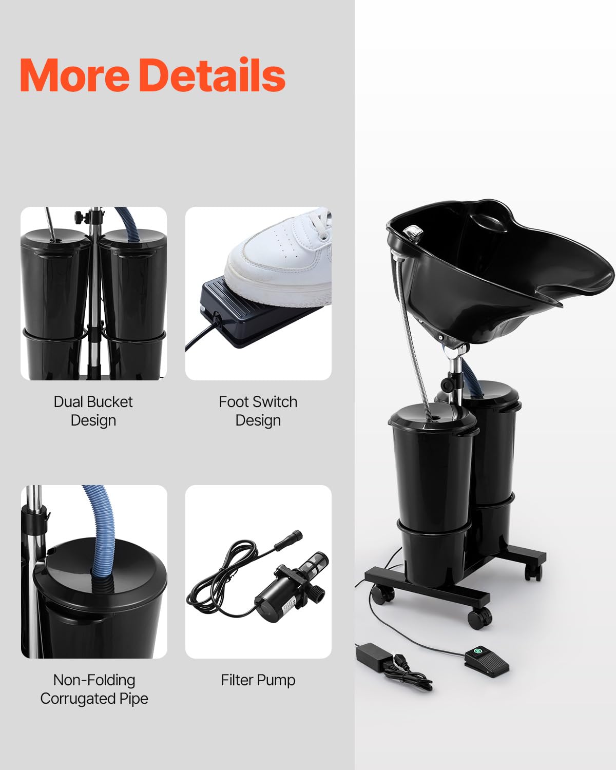 Portable Shampoo Bowl with Electric Pump, 2 Buckets, Black V8020