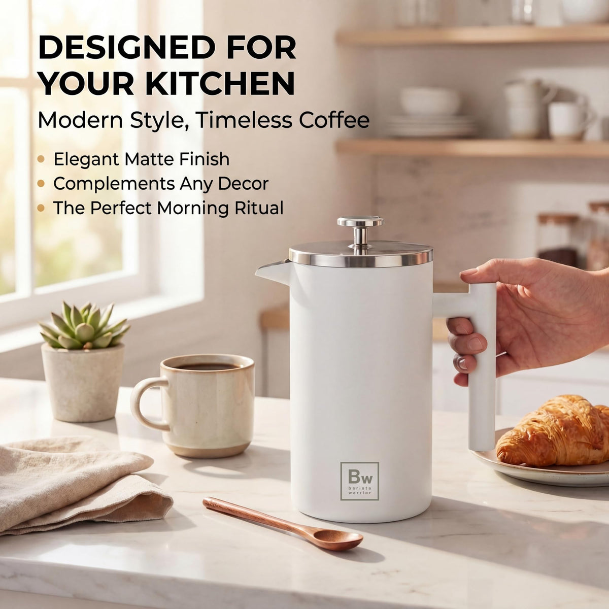 White Double-Wall Stainless Steel Insulated French Press with Thermometer T114