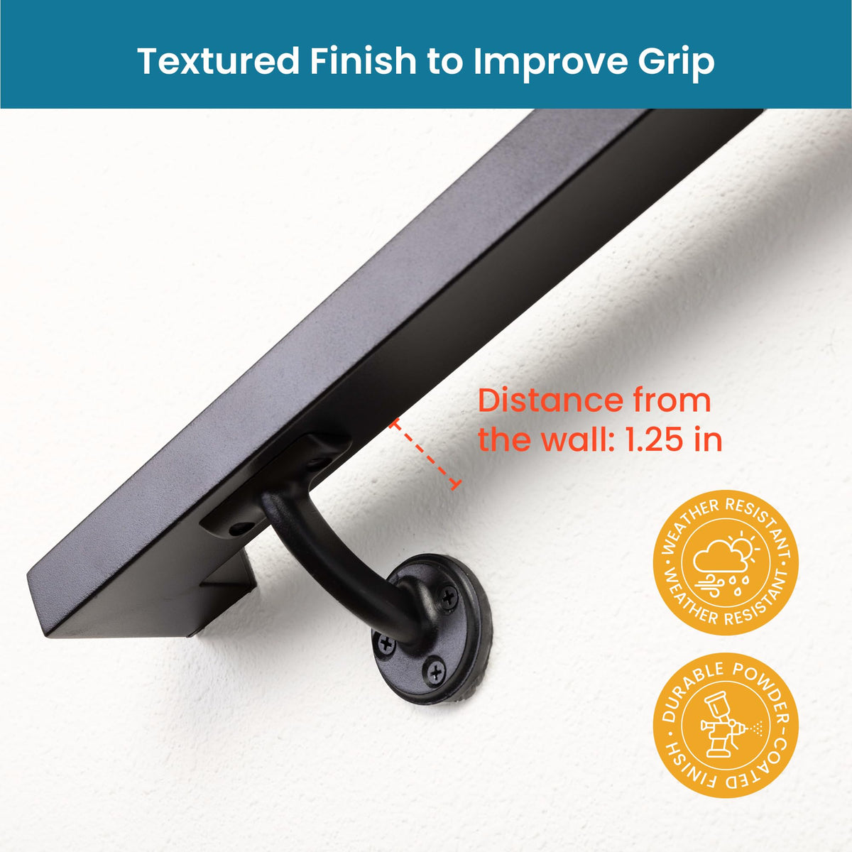 Aluminum Handrail Kit with Wall Mount Brackets, Black Textured, 3' Length M6800
