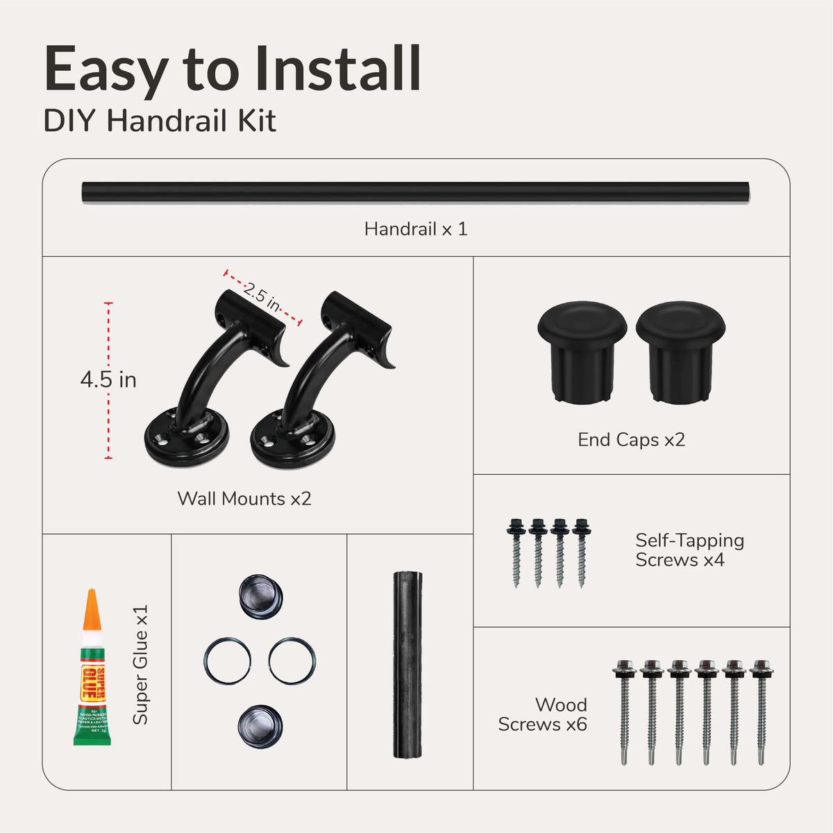 6FT Black Aluminum Stair Handrail Kit N3363