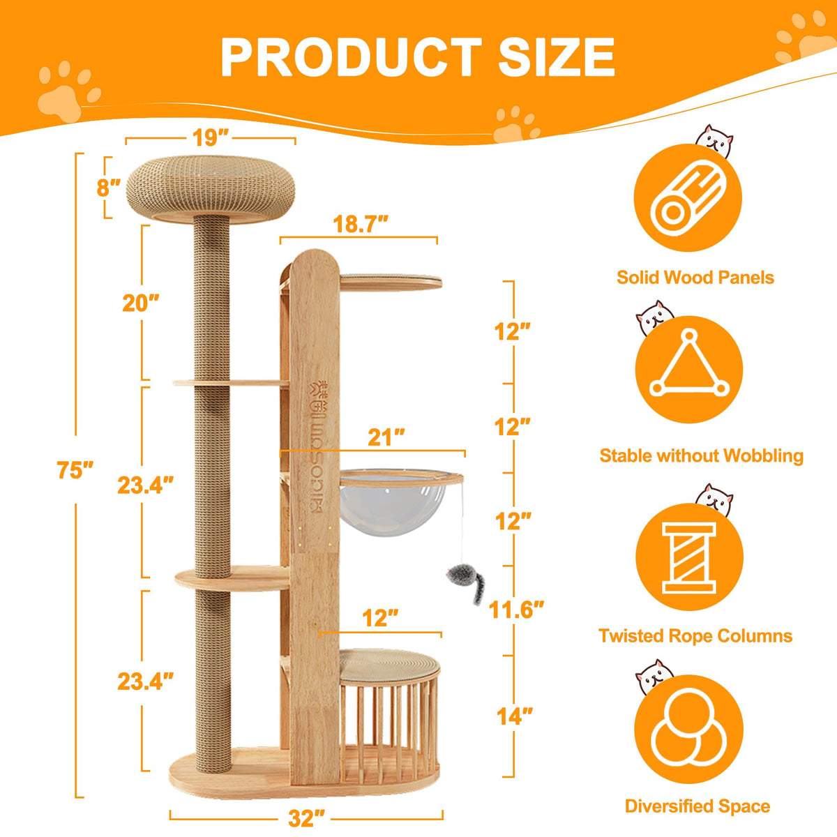 Solid Wooden Cat Tree Tower with Scratching Post C630514