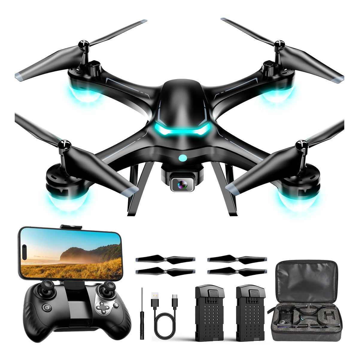 Black 1080P Camera Drone with 2 Batteries F35104
