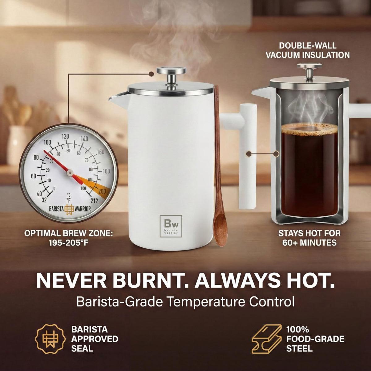 White Double-Wall Stainless Steel Insulated French Press with Thermometer T114