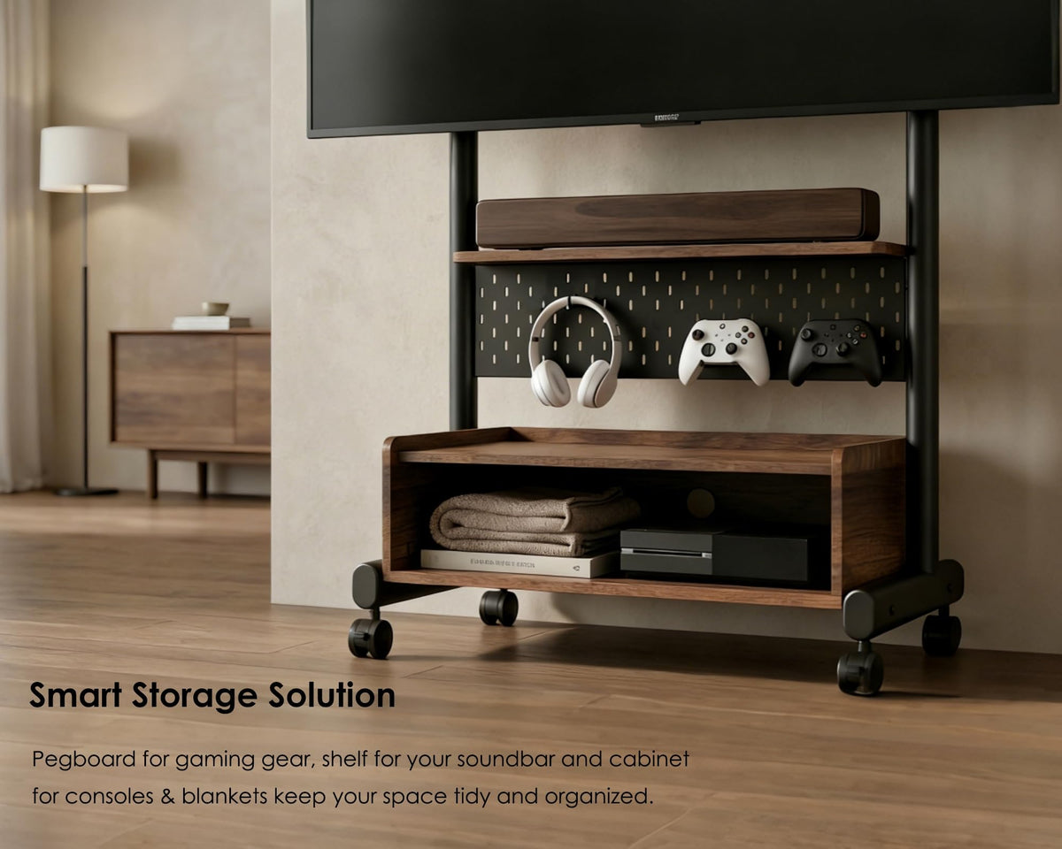 Rolling TV Floor Stand for 40-85in TVs, Height-Adjustable, Walnut K519