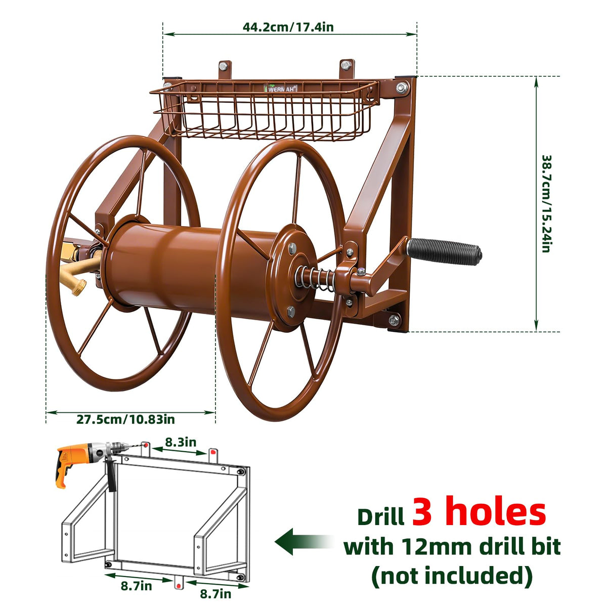 Wall Mount Metal Garden Hose Reel Holds 155ft 5/8" Hose C704
