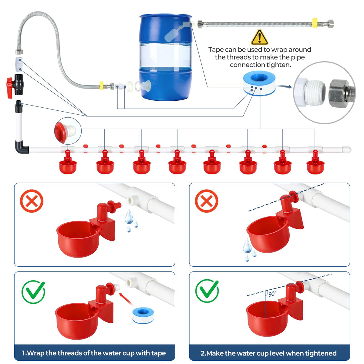 57 Pcs Automatic Chicken Waterer System Set with 8 Water Cups J98397