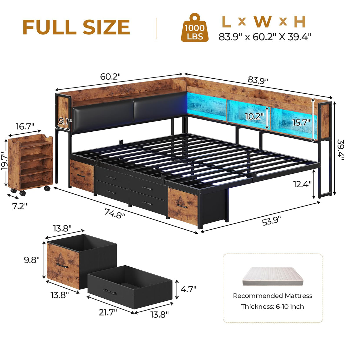 14 Inch Full Size Metal Platform Bed with 6 Drawers T93556