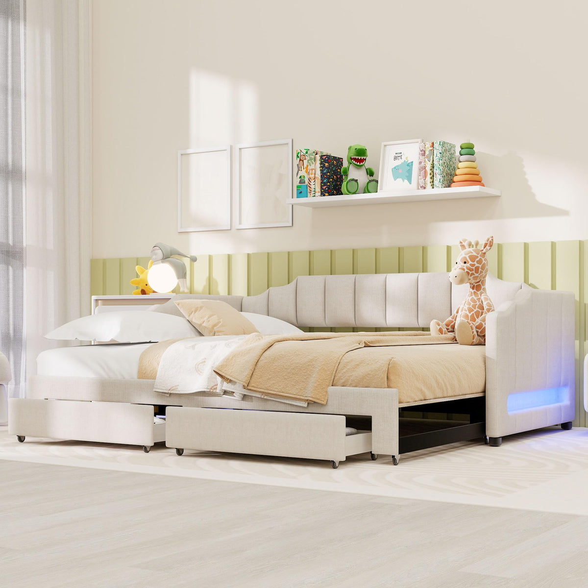 Twin XL to King Extendable Upholstered Daybed Frame with 2 Storage Drawers P8859