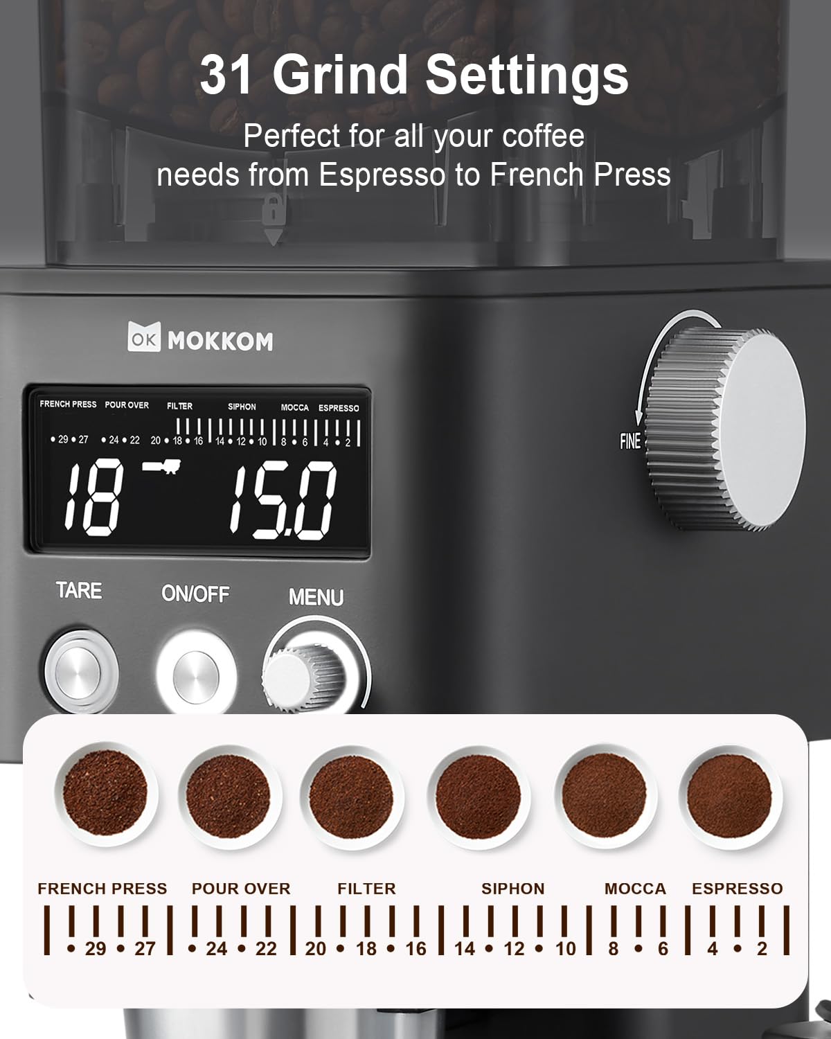 Conical Burr Coffee Grinder with Scale, 31 Grind Settings, Stainless Steel, Black G22521