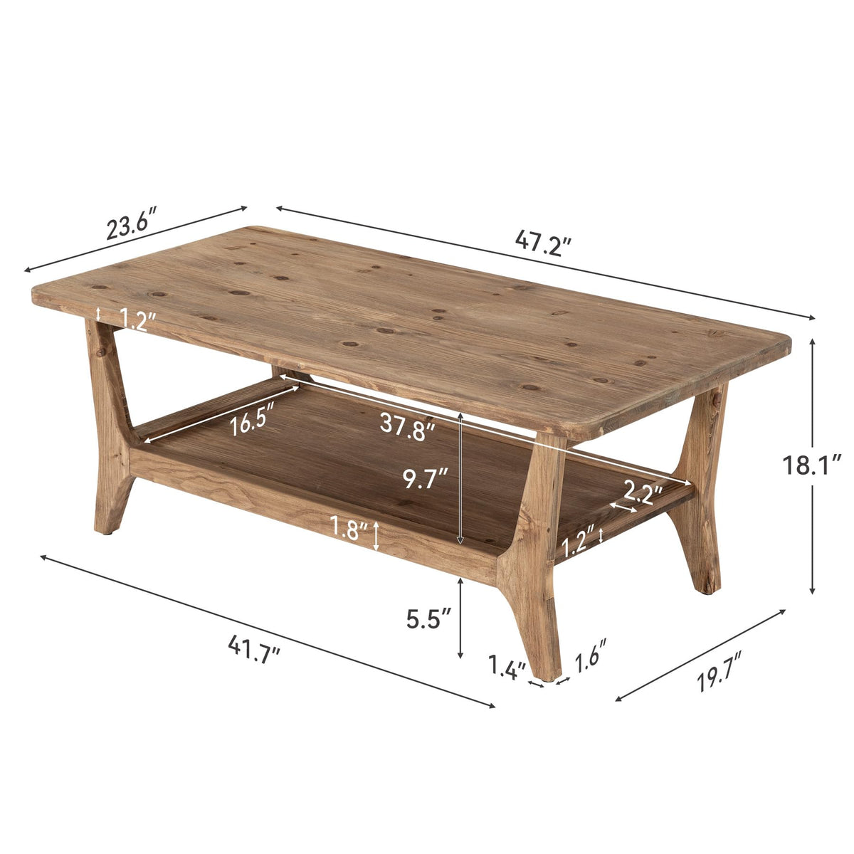 Solid Wood Coffee Table with Storage, 2-Tier Shelf K3623