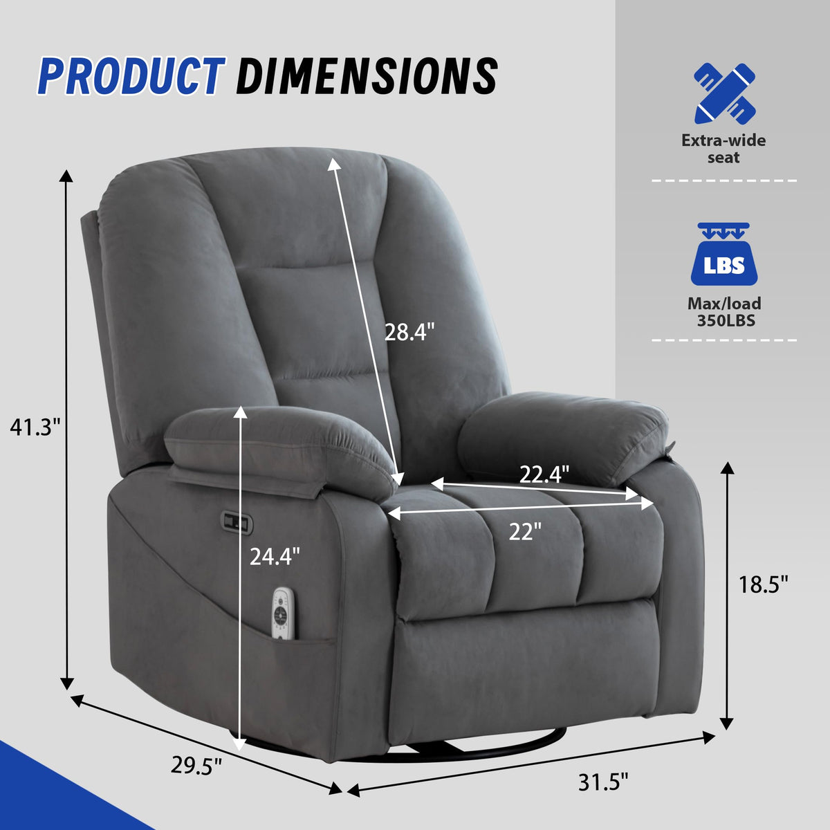 Power Swivel Rocker Recliner Chair with Massage and Heat, Gray S5022