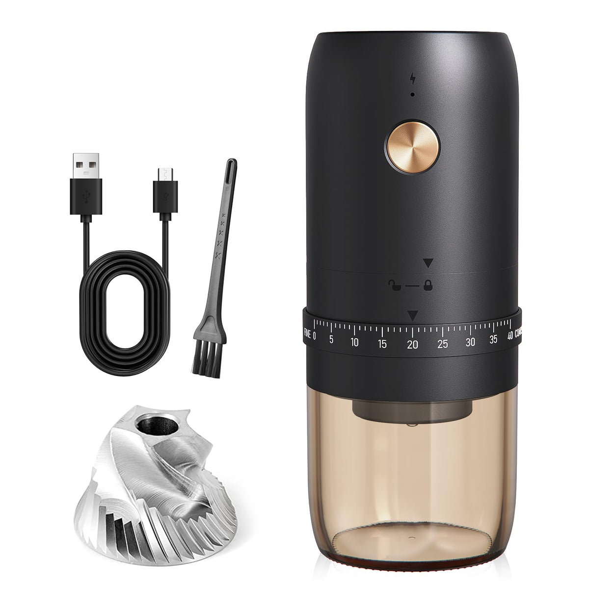 Portable Electric Coffee Grinder, 40 Settings, Conical Burr, USB-C, Black P28394