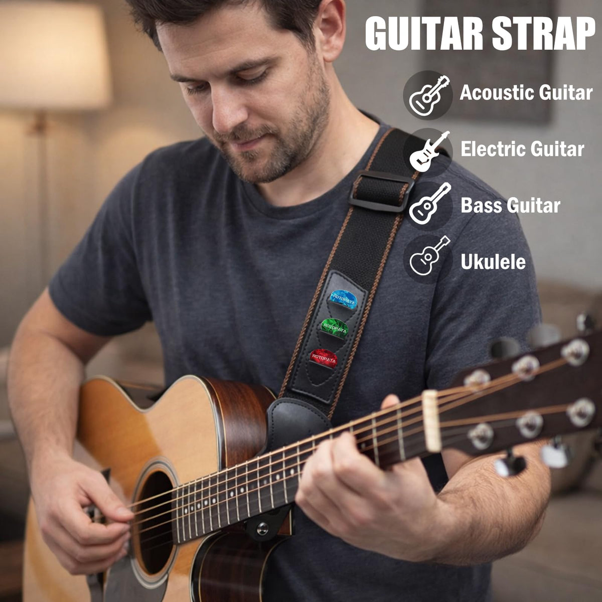 Black Adjustable Guitar Strap Kit with Locks and Picks C7136