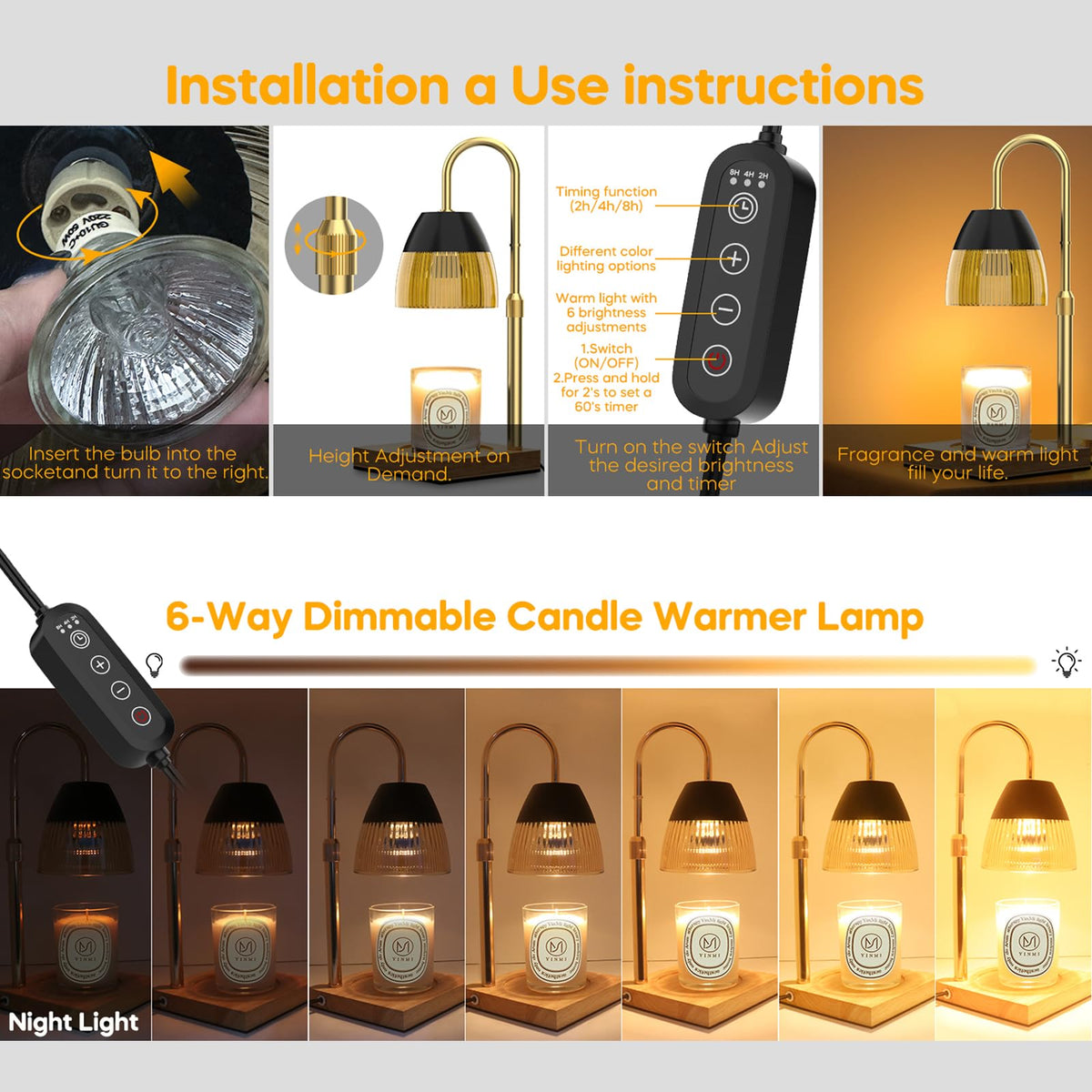 Candle Warmer Lamp with Timer Auto Off, Dimmable Height Adjustable Wax Melting Lamp X1828