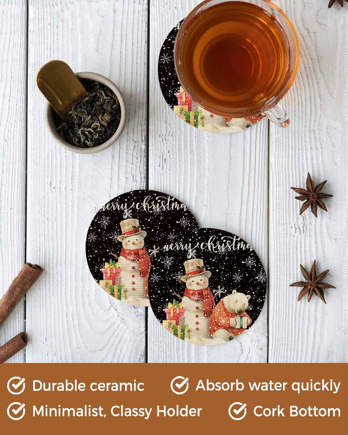 Set of 6 Absorbent Ceramic Stone Coasters with Holder B117