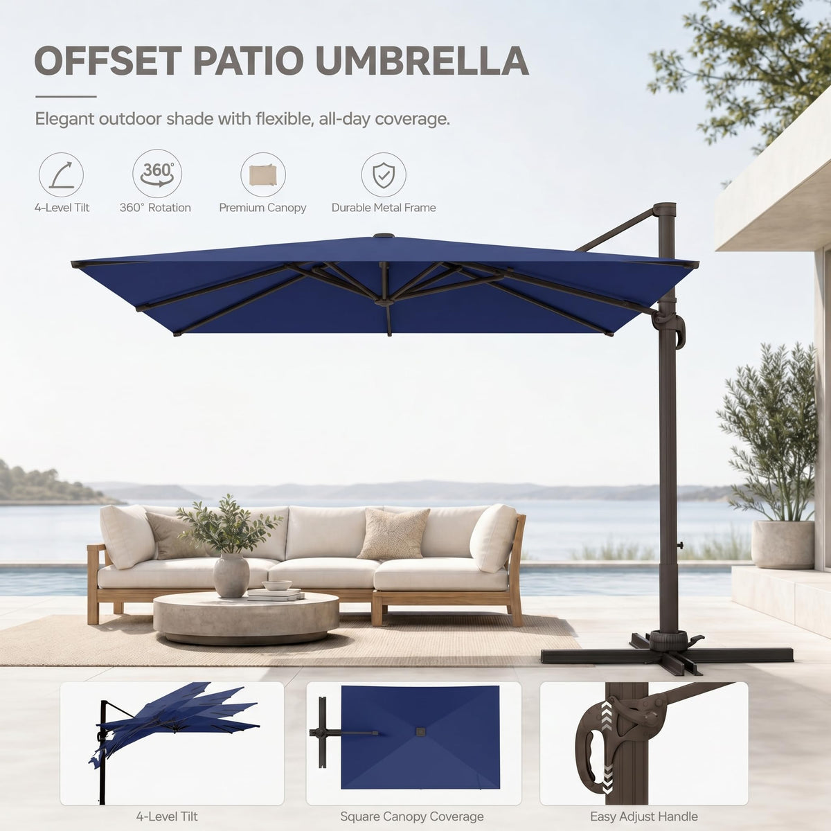 Large Square Cantilever Patio Umbrella with Aluminum Pole E779884