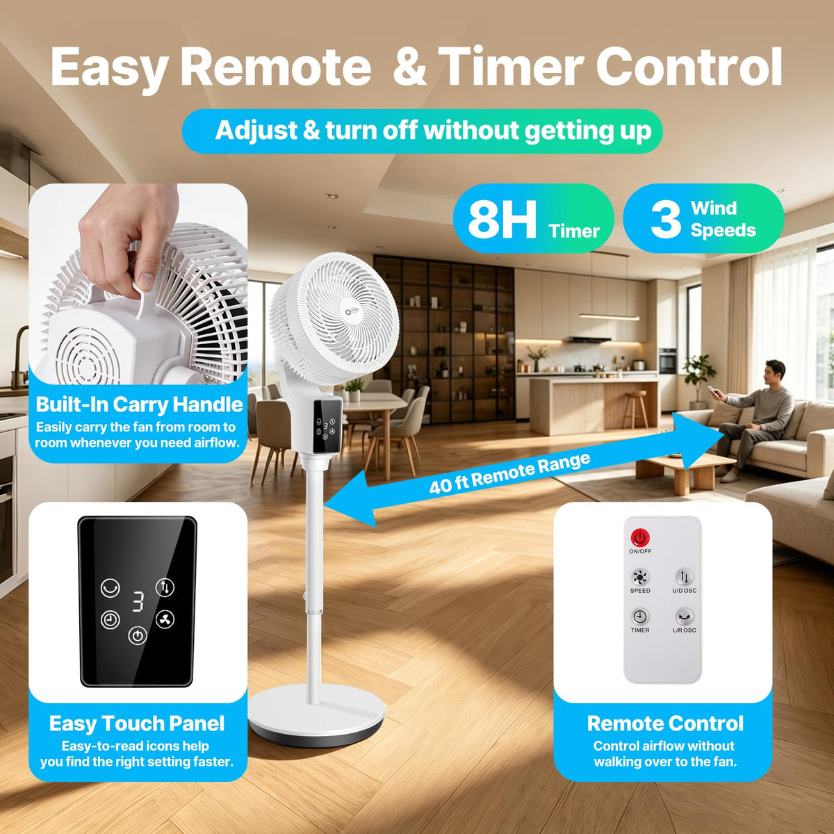 Oscillating Fan, 360° Air Circulator Pedestal Fan, 43.3” Adjustable Height R6722