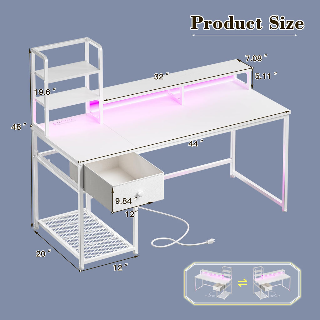 44" White Gaming Desk with Hutch & Shelves B1955