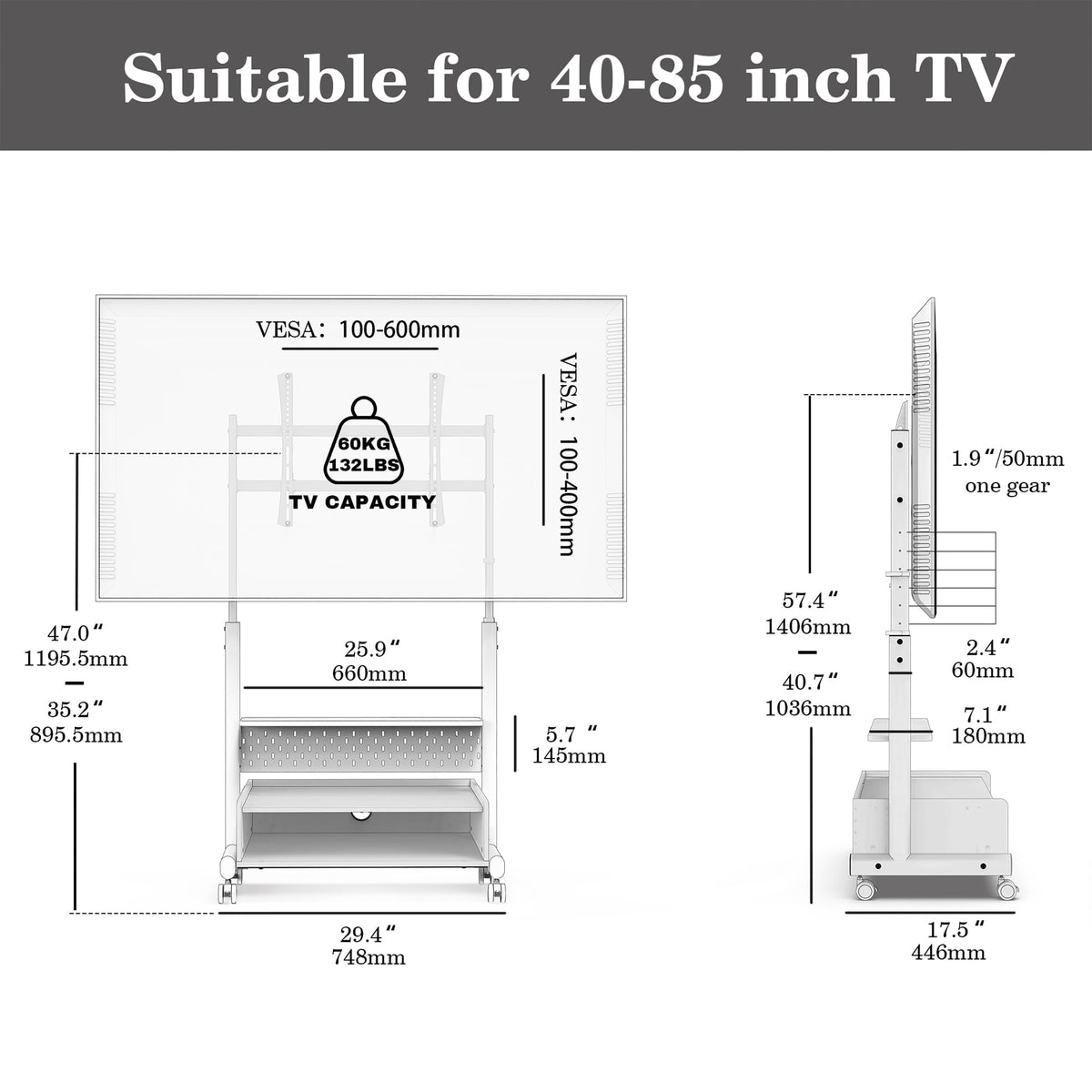Rolling TV Floor Stand for 40-85in TVs, Height-Adjustable, Walnut K519