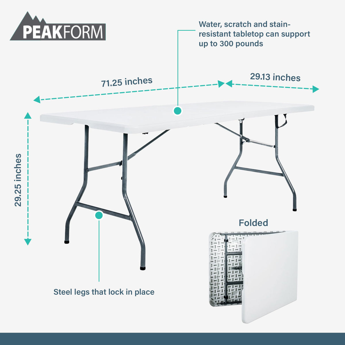 Portable Fold-in-Half Banquet Table 300 Lb Capacity White 6 Ft X260973