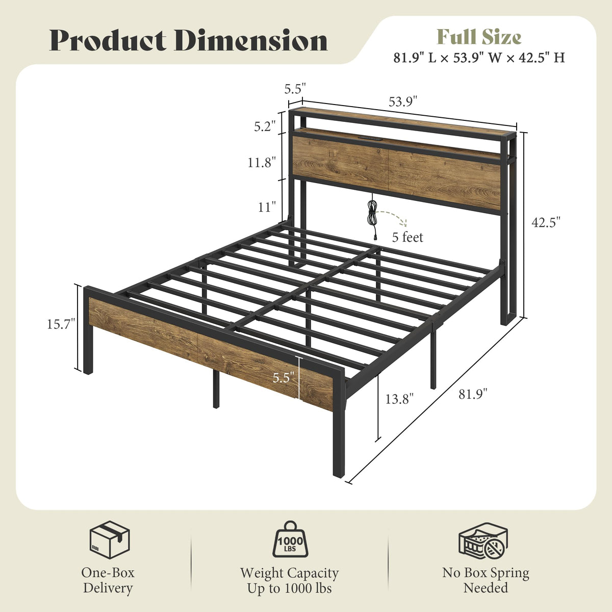 Full Size Metal Bed Frame with Charging Station J8102