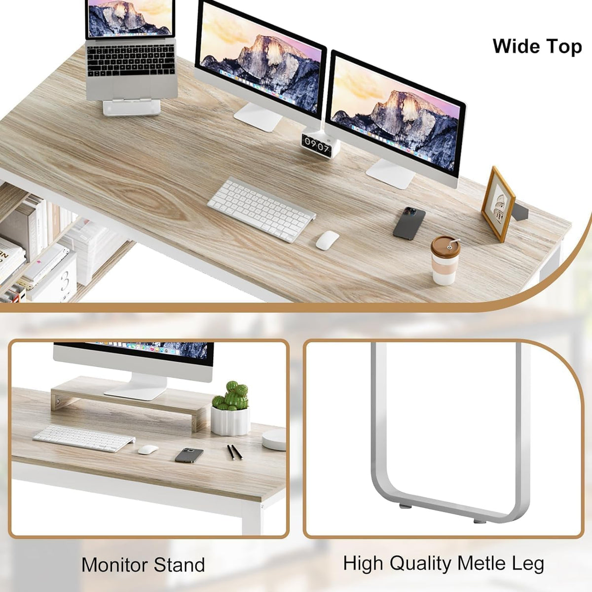 55" L Shaped Office Desk with Drawers, White and Walnut Z924