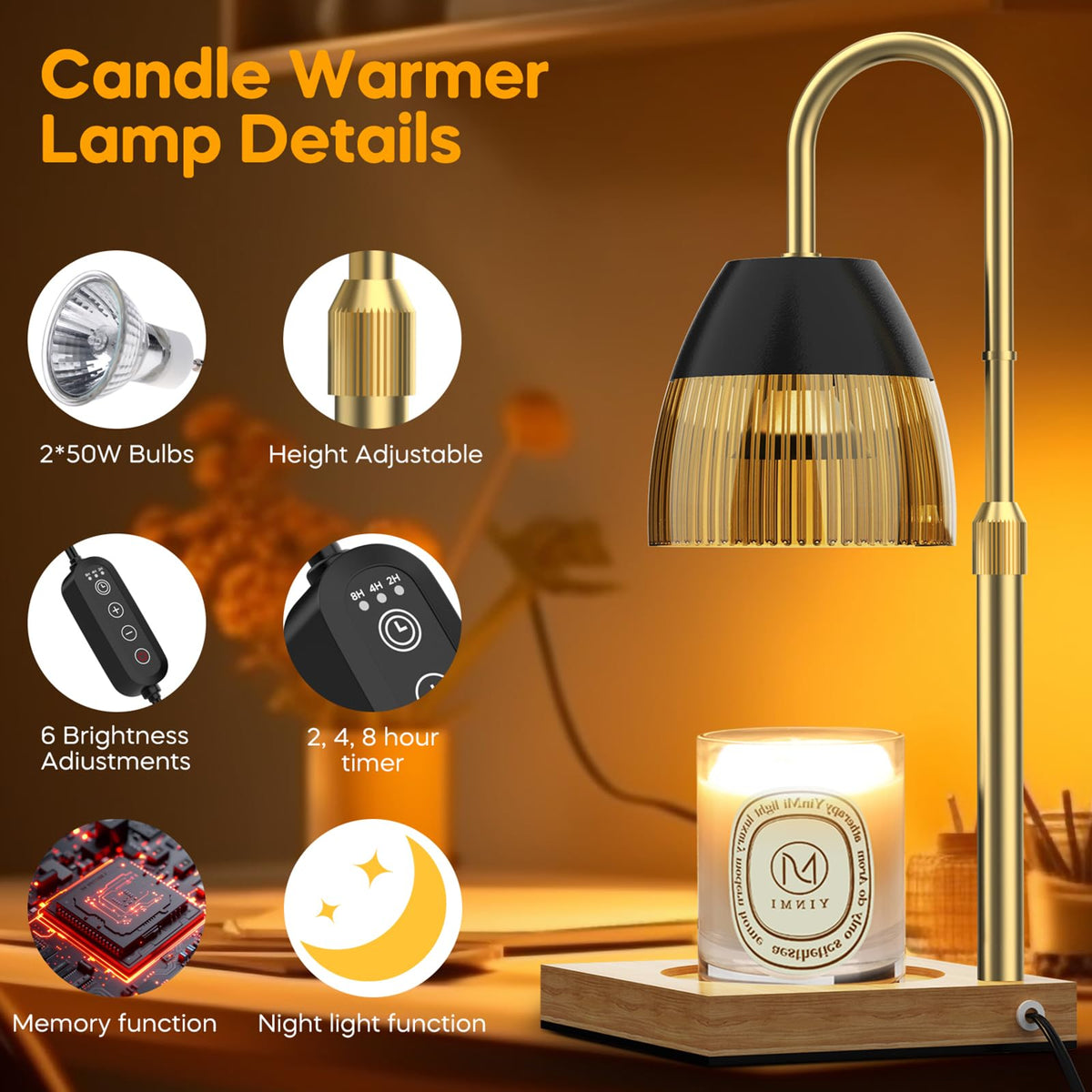 Candle Warmer Lamp with Timer Auto Off, Dimmable Height Adjustable Wax Melting Lamp X1828