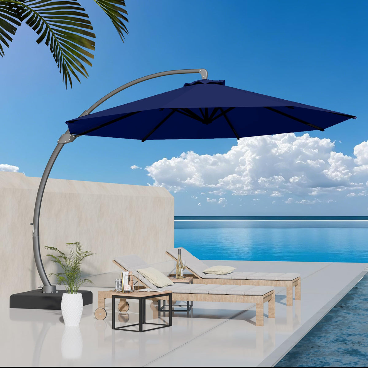 11ft Navy Blue Aluminum Cantilever Patio Umbrella with Base I562