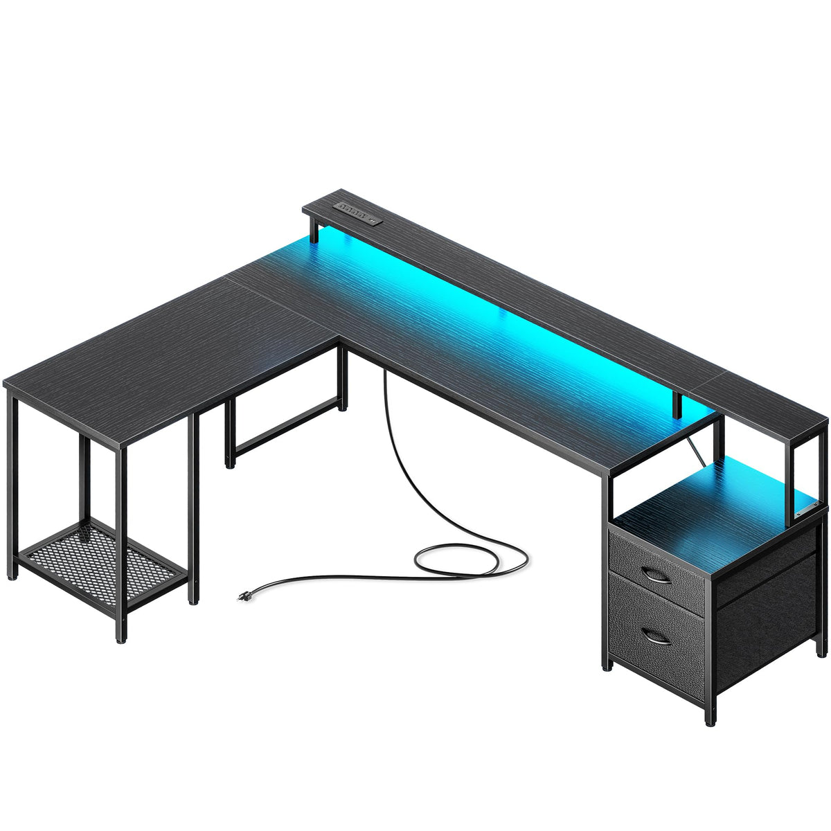 66" L Shaped Gaming Desk with LED Lights & Power Outlets L3626