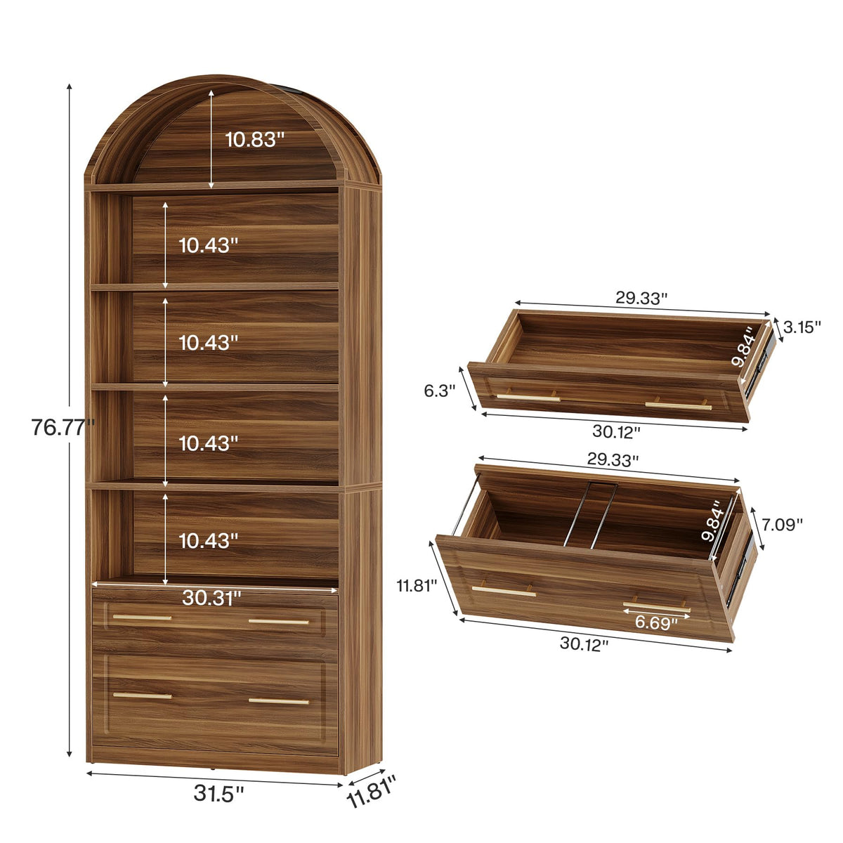 76.8" Tall Arched Bookcase with File Cabinet Drawer, Walnut Brown Q7889