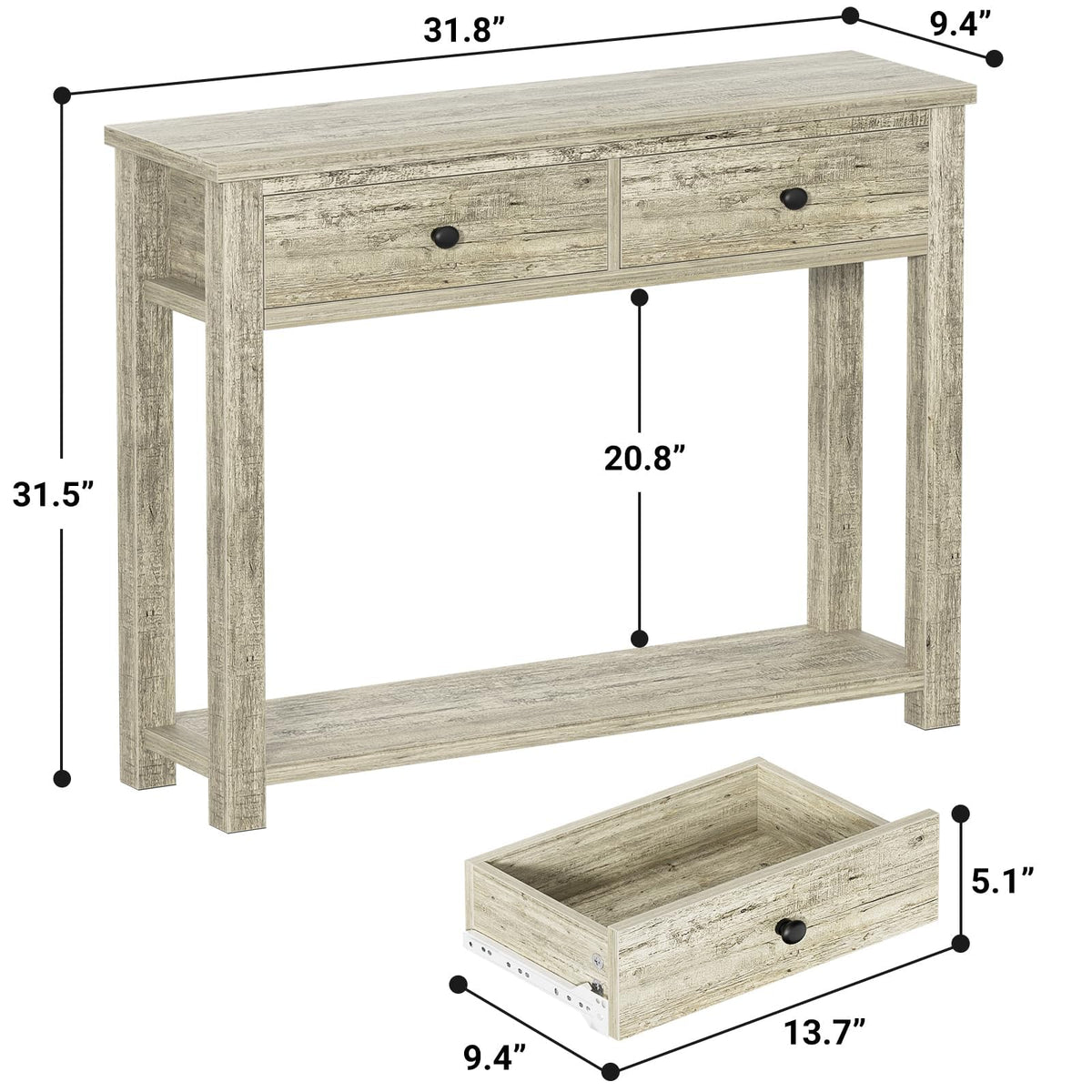 32 Inch Light Rustic Oak Console Table with 2 Drawers K941893