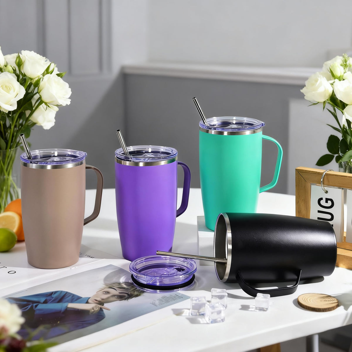 16oz Coffee Mug with Handle, 2Pack Insulated Tumblers with Lid and Straw E48863