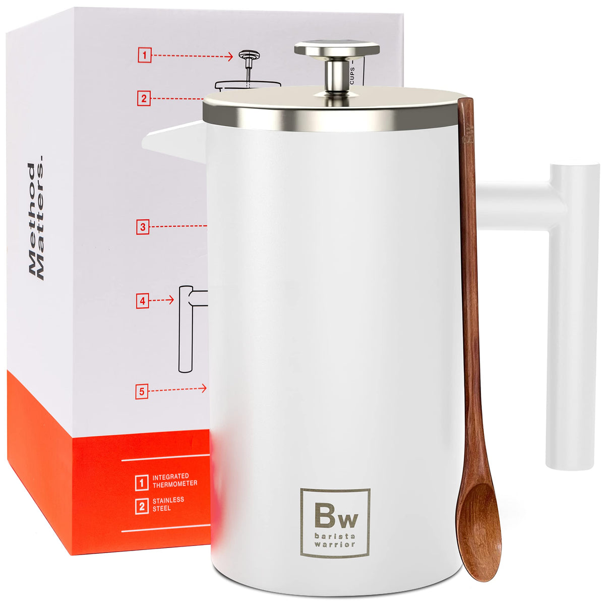 White Double-Wall Stainless Steel Insulated French Press with Thermometer T114