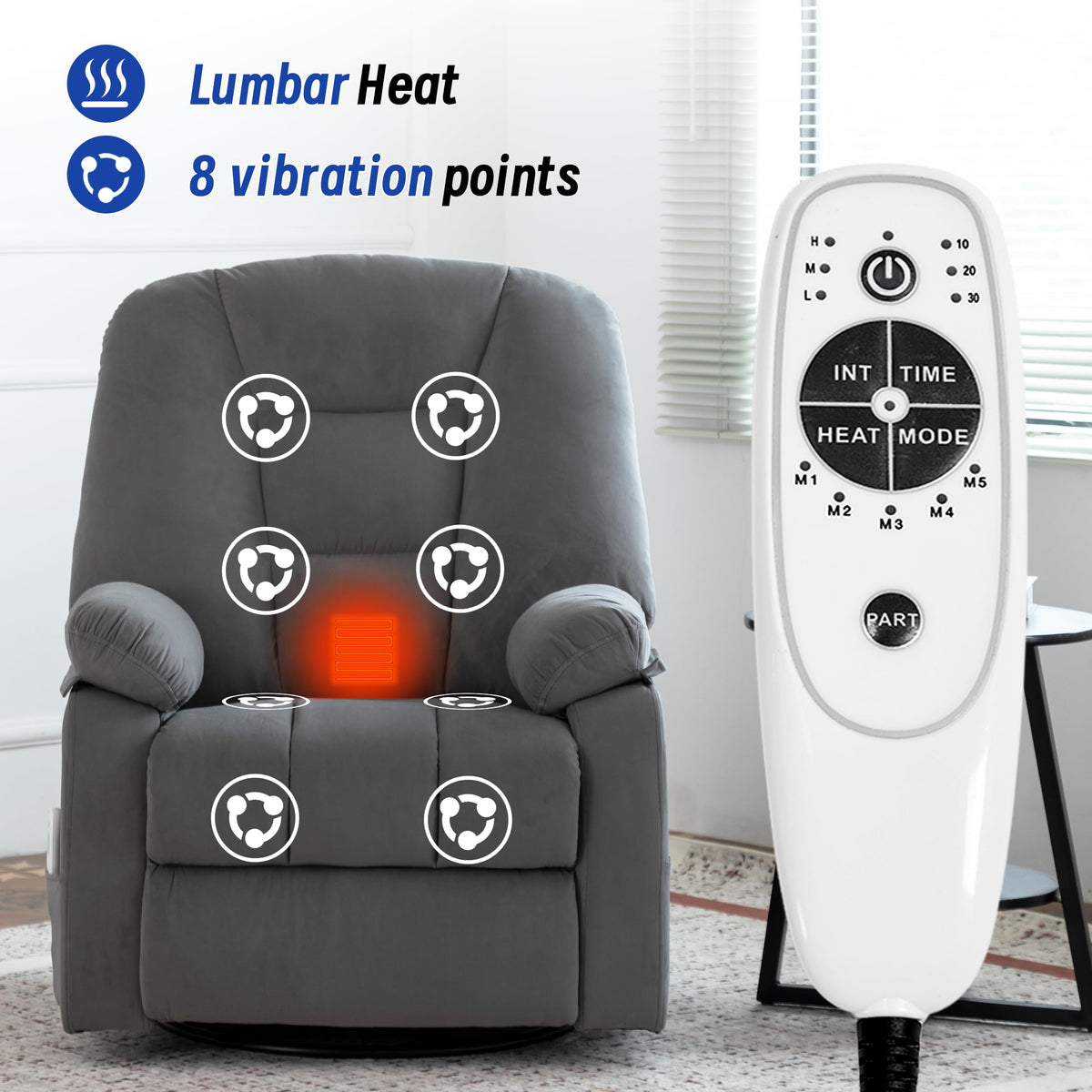 Power Swivel Rocker Recliner Chair with Massage and Heat, Gray S5022