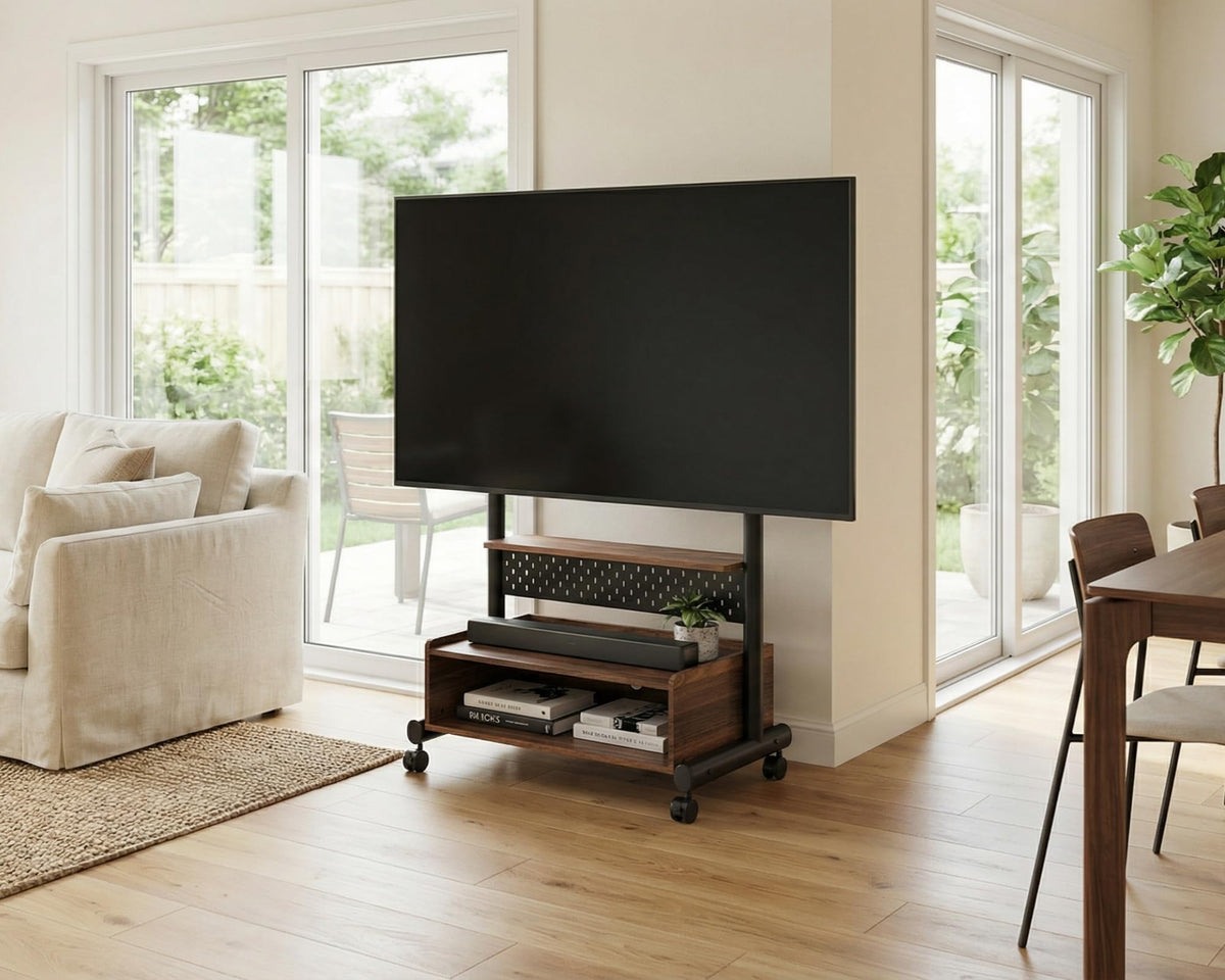 Rolling TV Floor Stand for 40-85in TVs, Height-Adjustable, Walnut K519