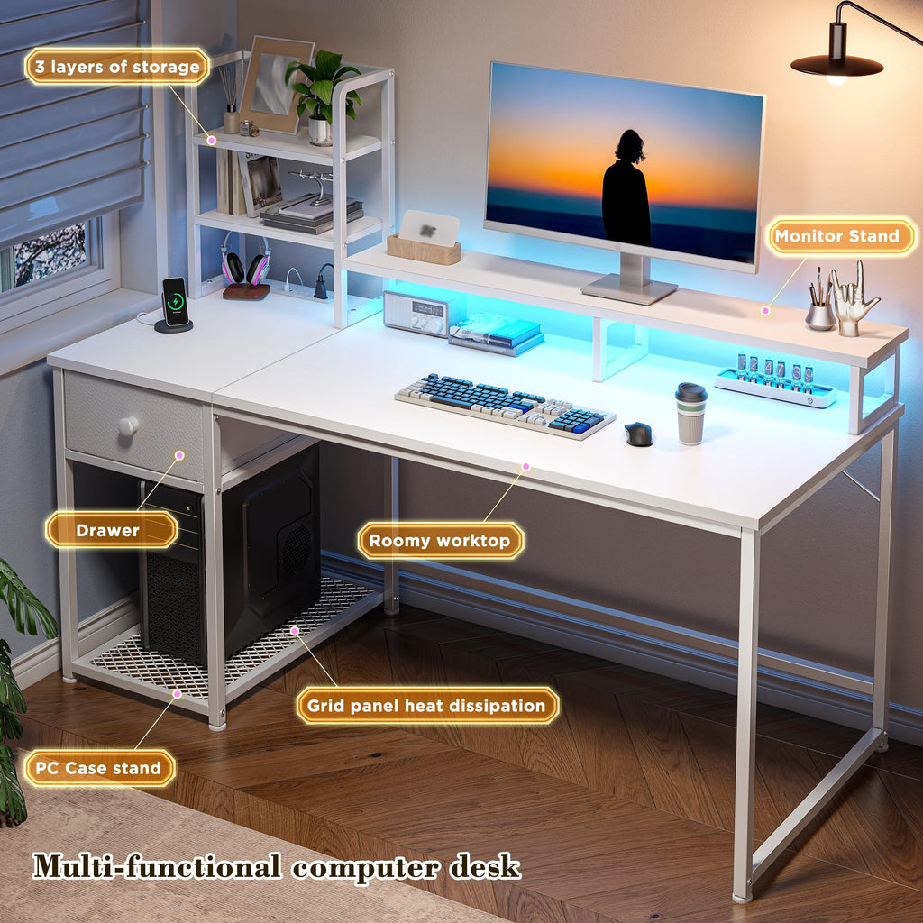 44" White Gaming Desk with Hutch & Shelves B1955
