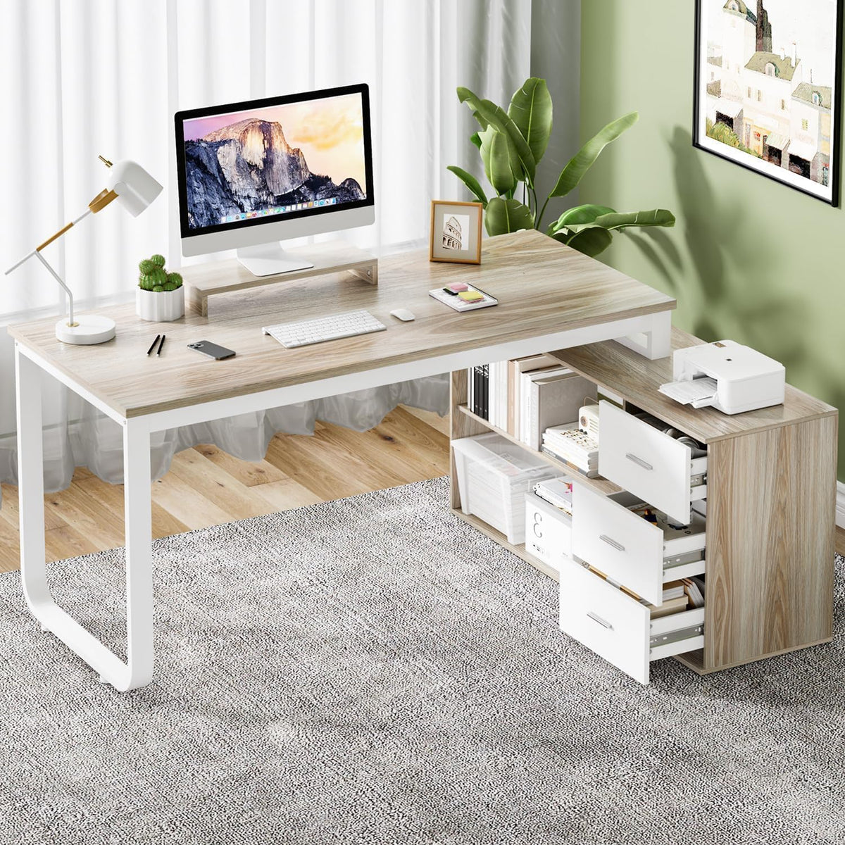 55" L Shaped Office Desk with Drawers, White and Walnut Z924