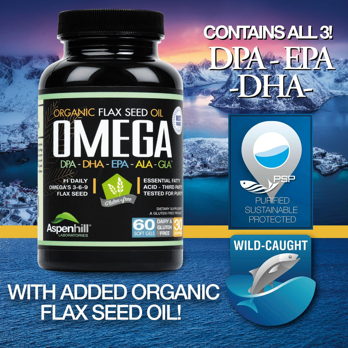 Wild Caught Omega 3 Fish Oil 2400 mg 60 SoftGels J8250