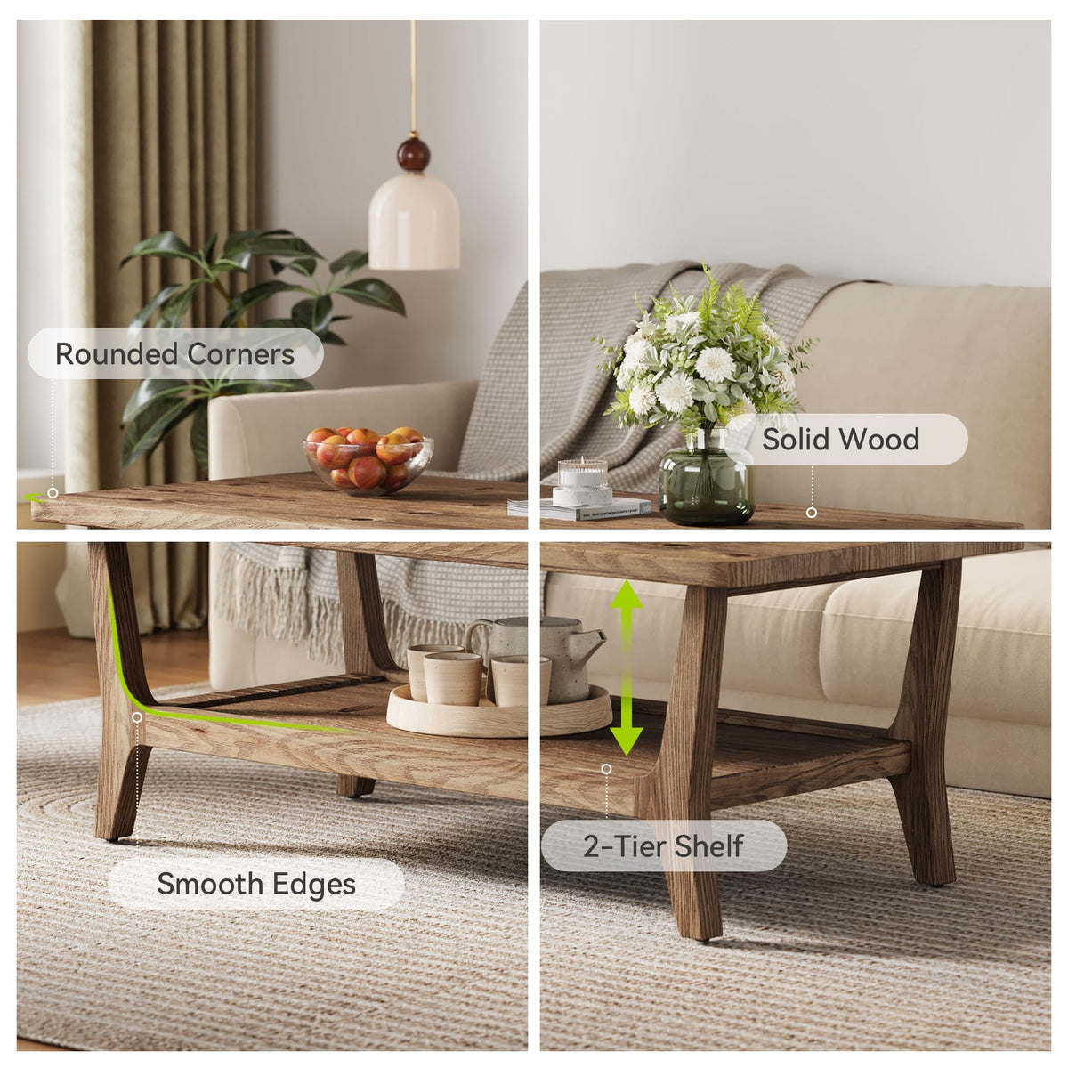Solid Wood Coffee Table with Storage, 2-Tier Shelf K3623