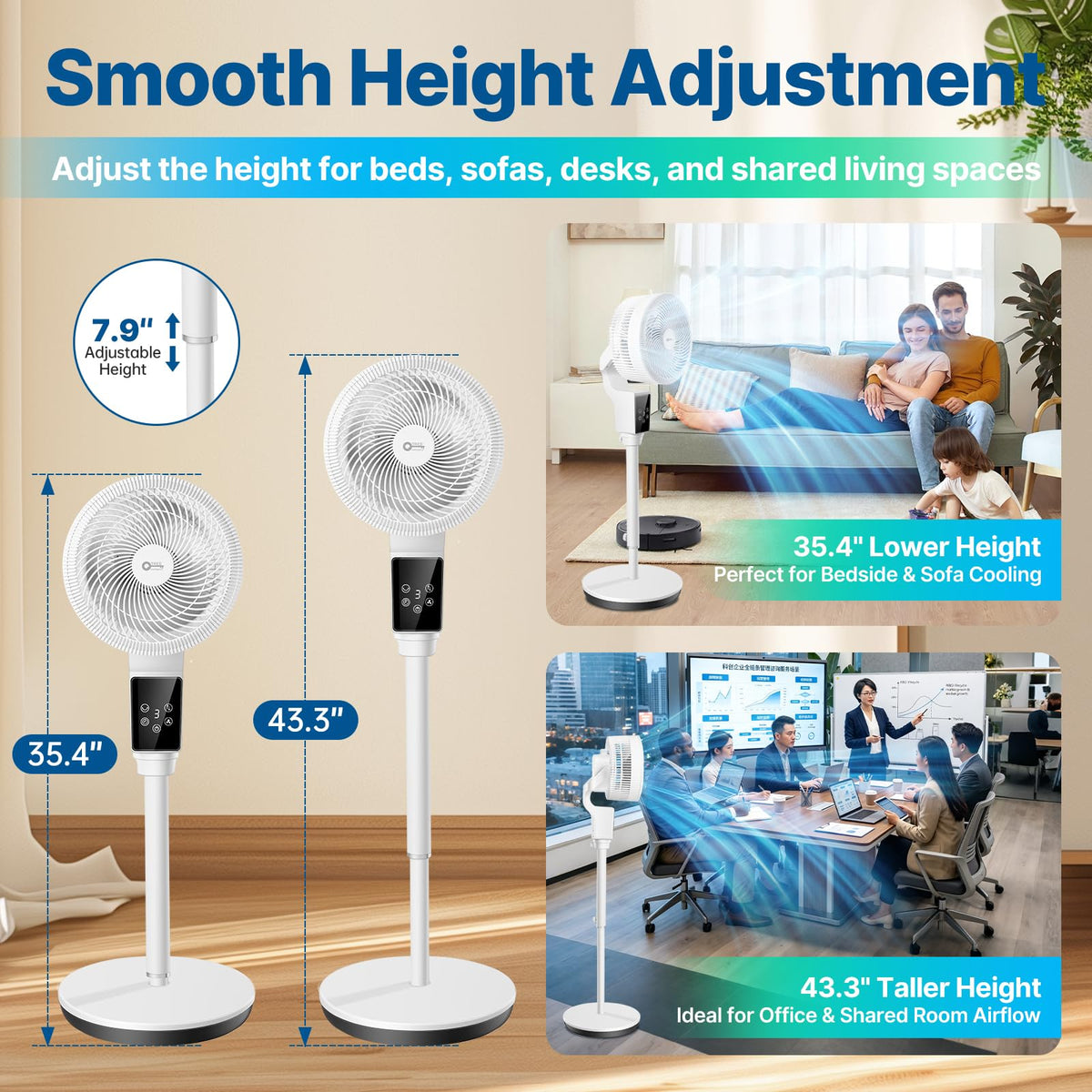 Oscillating Fan, 360° Air Circulator Pedestal Fan, 43.3” Adjustable Height R6722