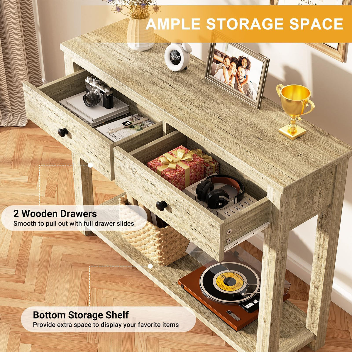 32 Inch Light Rustic Oak Console Table with 2 Drawers K941893