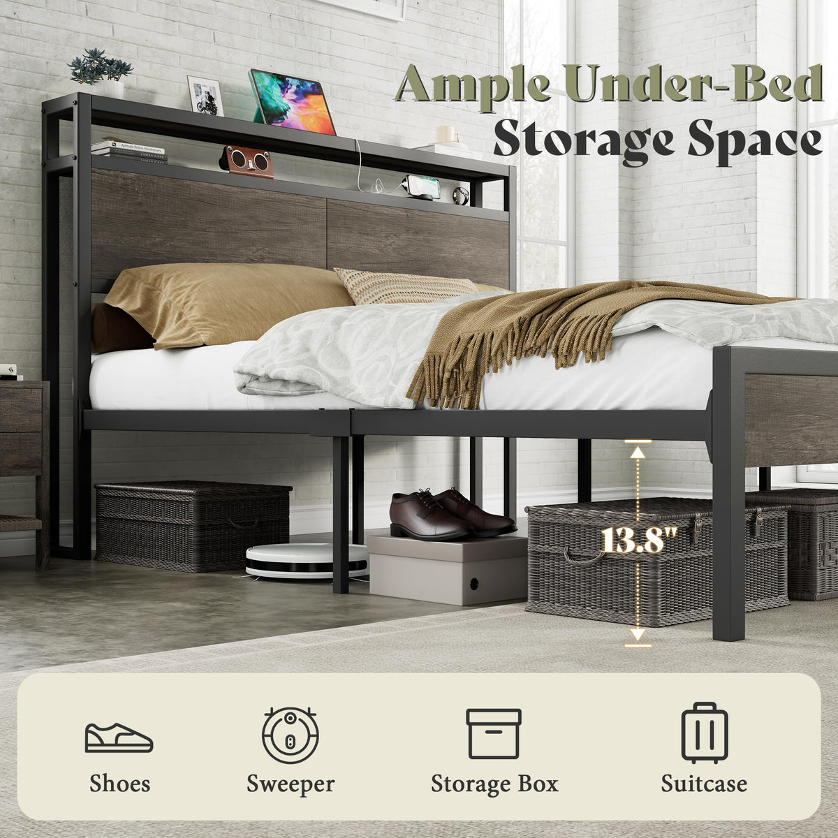 Full Size Metal Bed Frame with Charging Station J8102