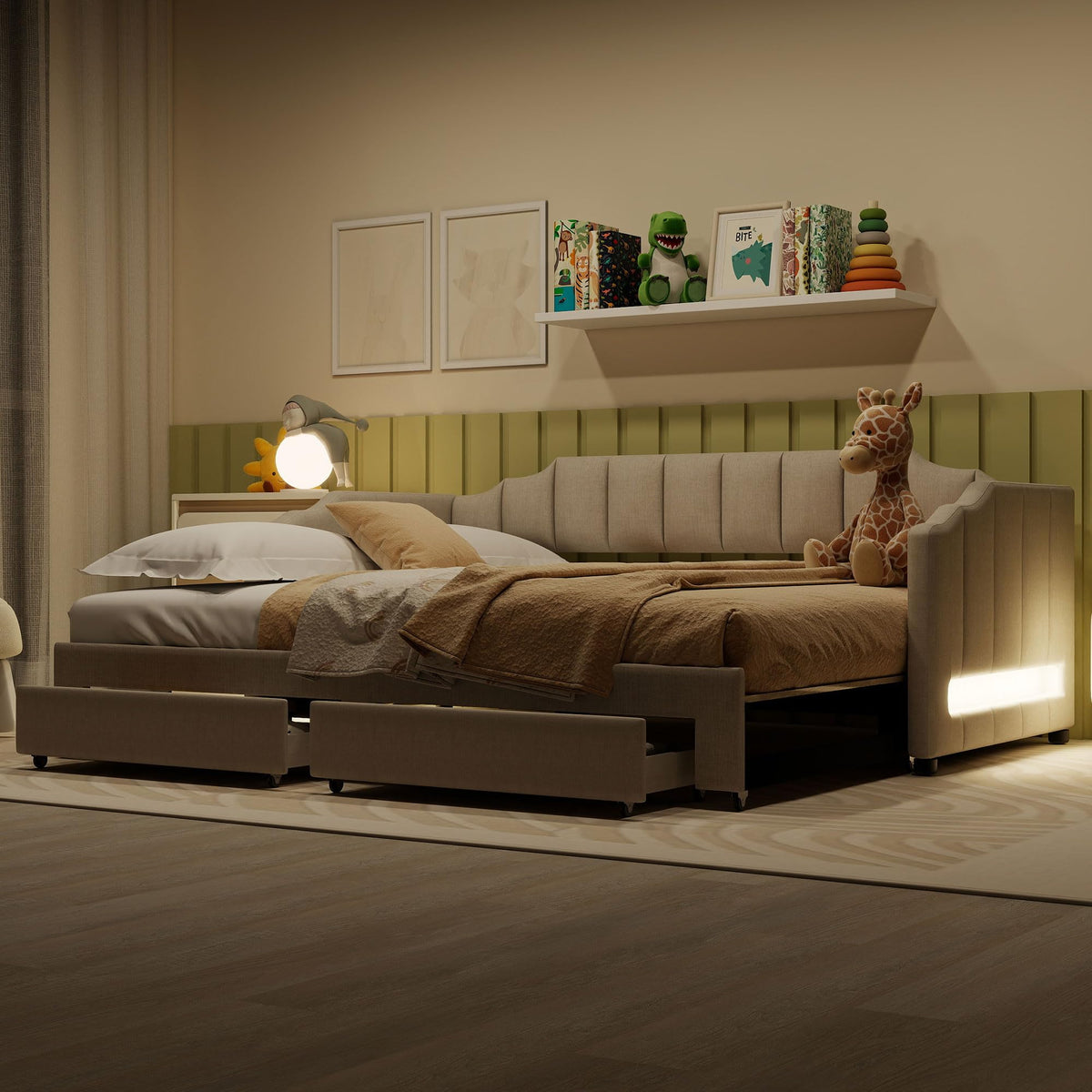 Twin XL to King Extendable Upholstered Daybed Frame with 2 Storage Drawers P8859