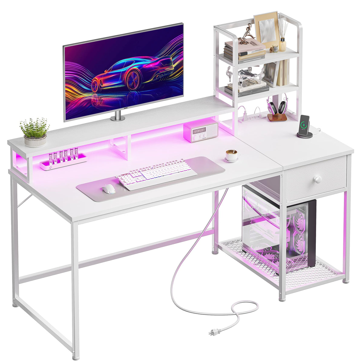 44" White Gaming Desk with Hutch & Shelves B1955